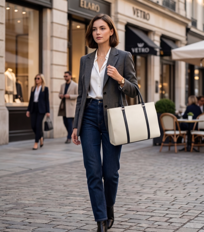 Elegant Ivory Tote Bag for Women with Contrast Black Handles